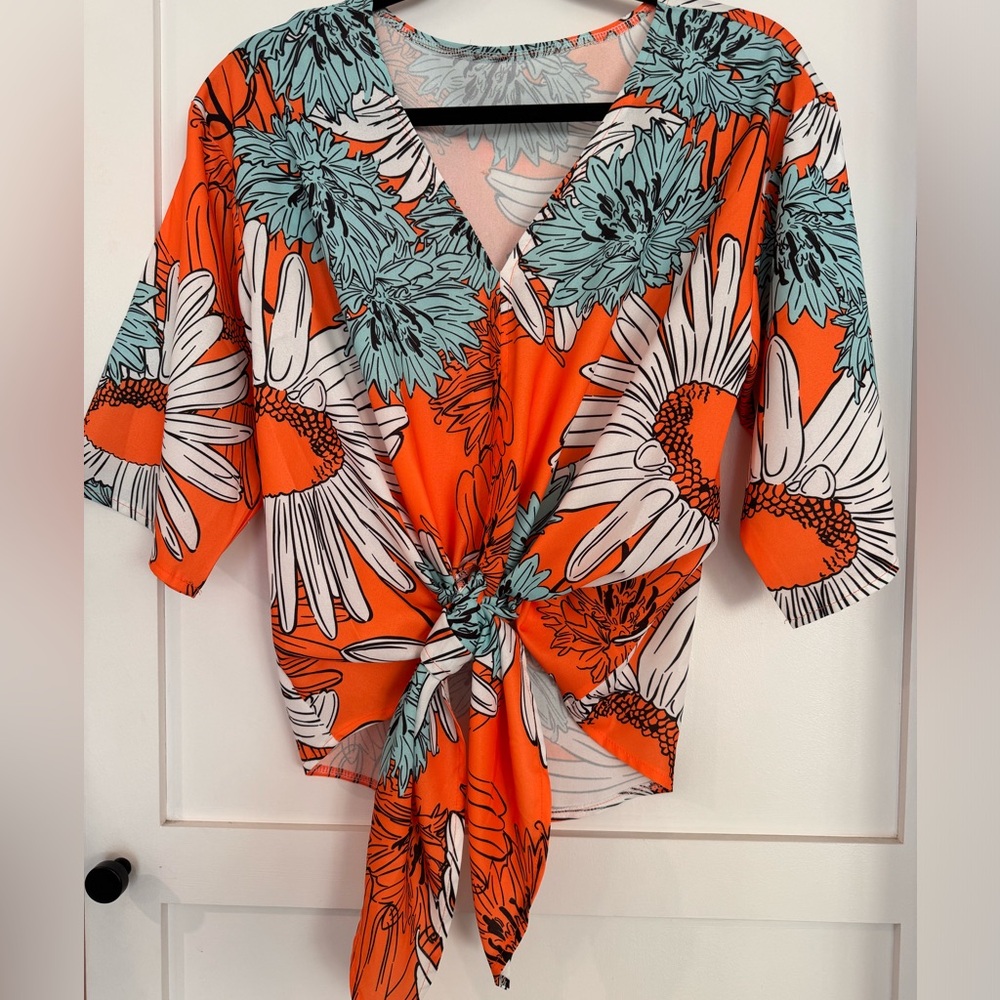 3/4 length wide flowy sleeve front tie blouse